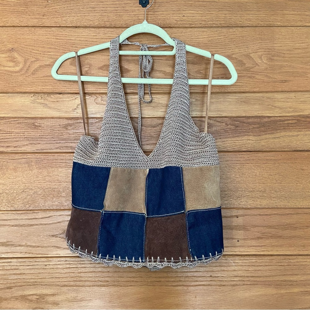 Y2K Wilson's Leather suede denim crochet patchwork halter top pants set - Picture 2 of 14